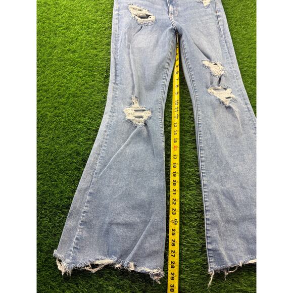 AE Next Level Ripped Super High-Waist Flare Jeans Women's 12 Blue Denim Stretch - Picture 12 of 16